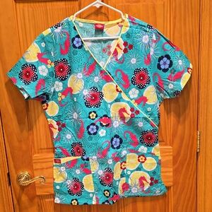 Dickies Red and Yellow Design on Green Fabric. Womens Scrub Top.